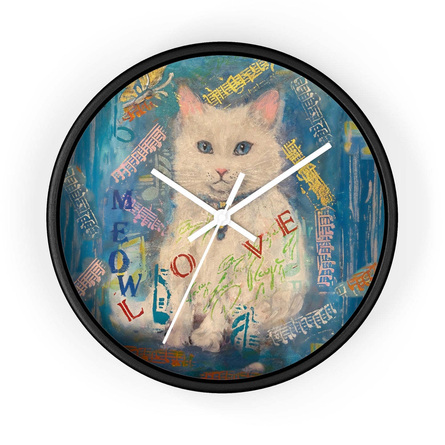 Cat Wall Clock - Lovely White Cat with Blue Eyes Art by Fairyhill Studio