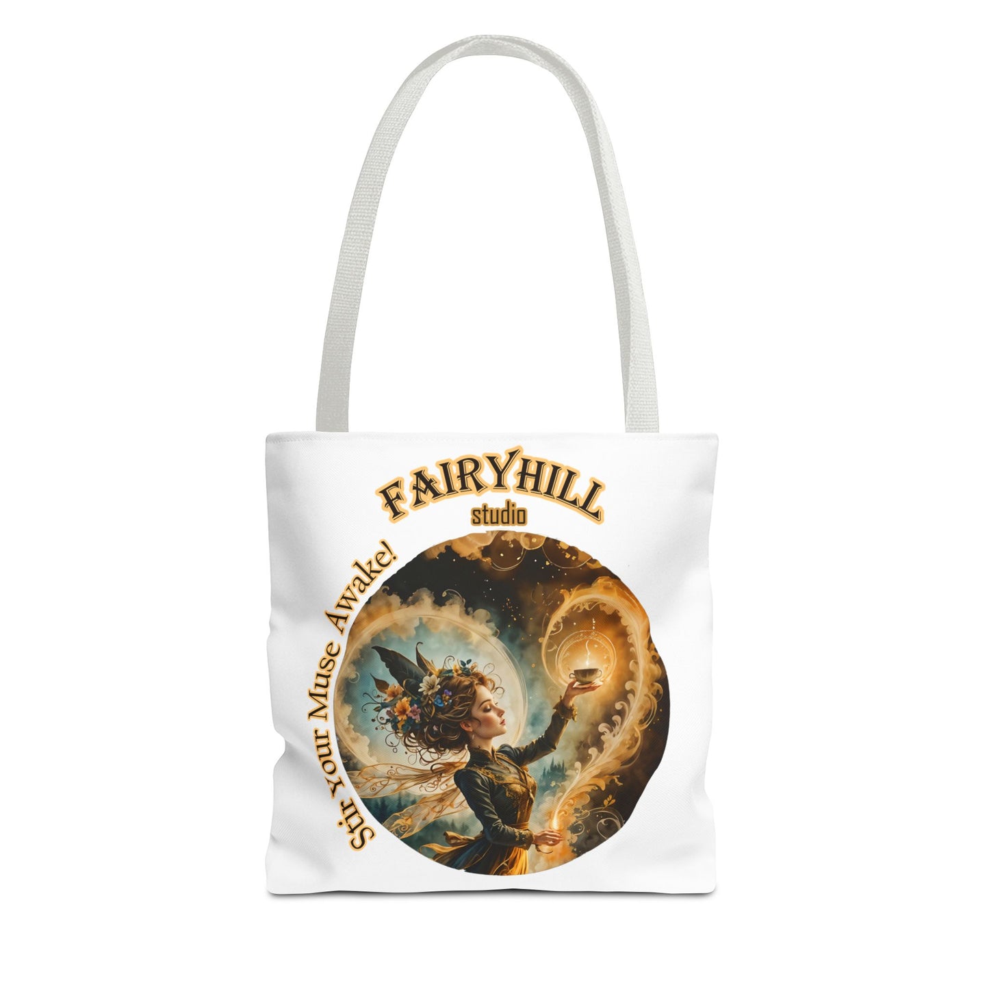Coffee Fairy Tote Bag - 'Stir your muse awake' Quote Art by Fairyhill Studio