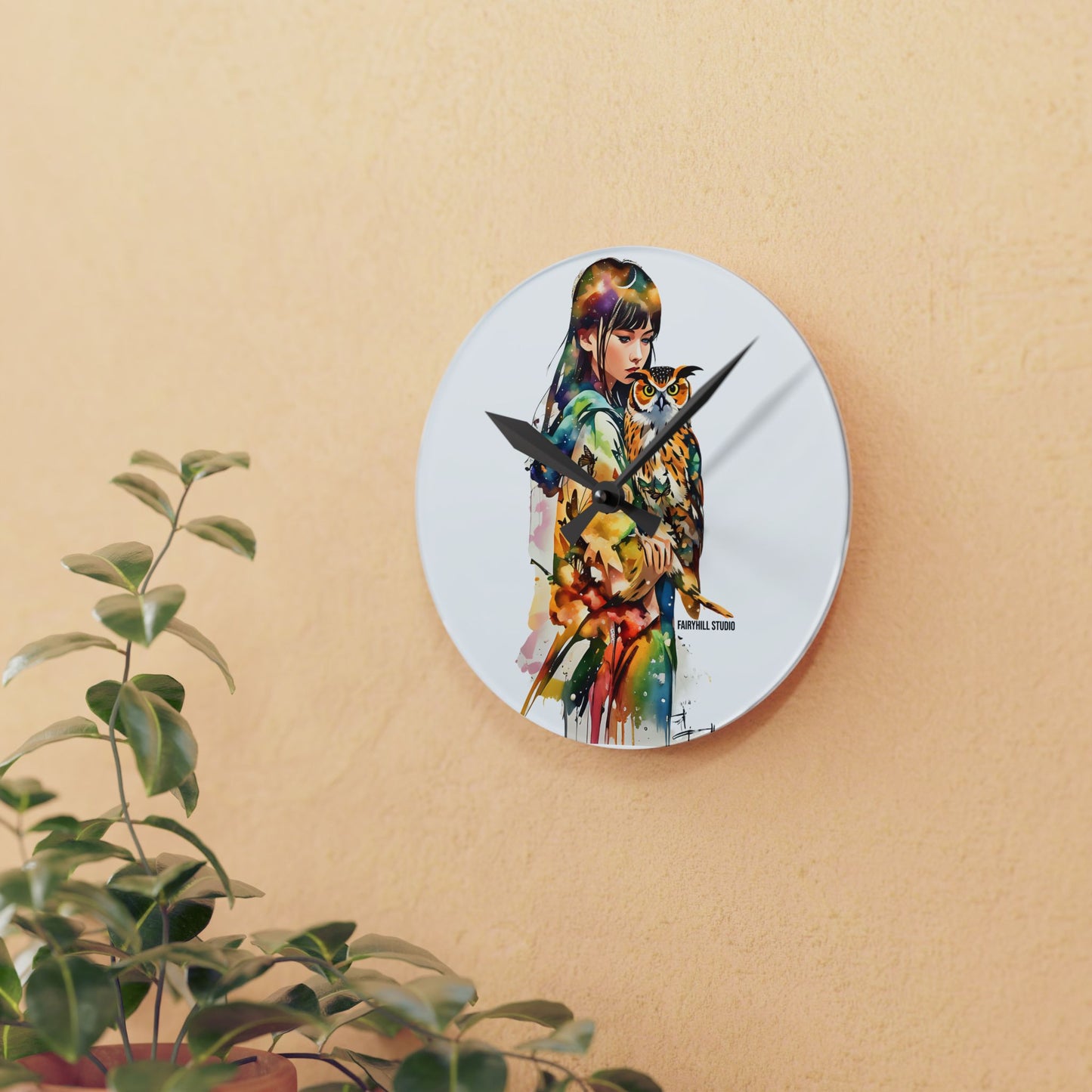 Acrylic Wall Clock -Girl with Owl Art