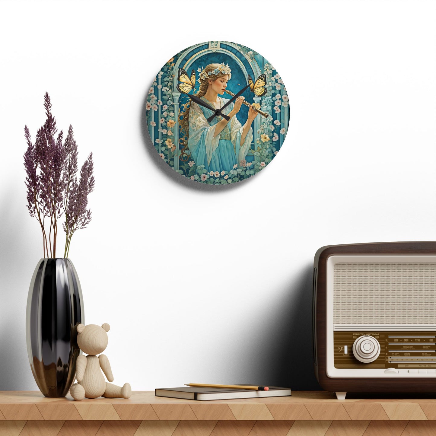 Butterfly / Flute player Acrylic Wall Clock