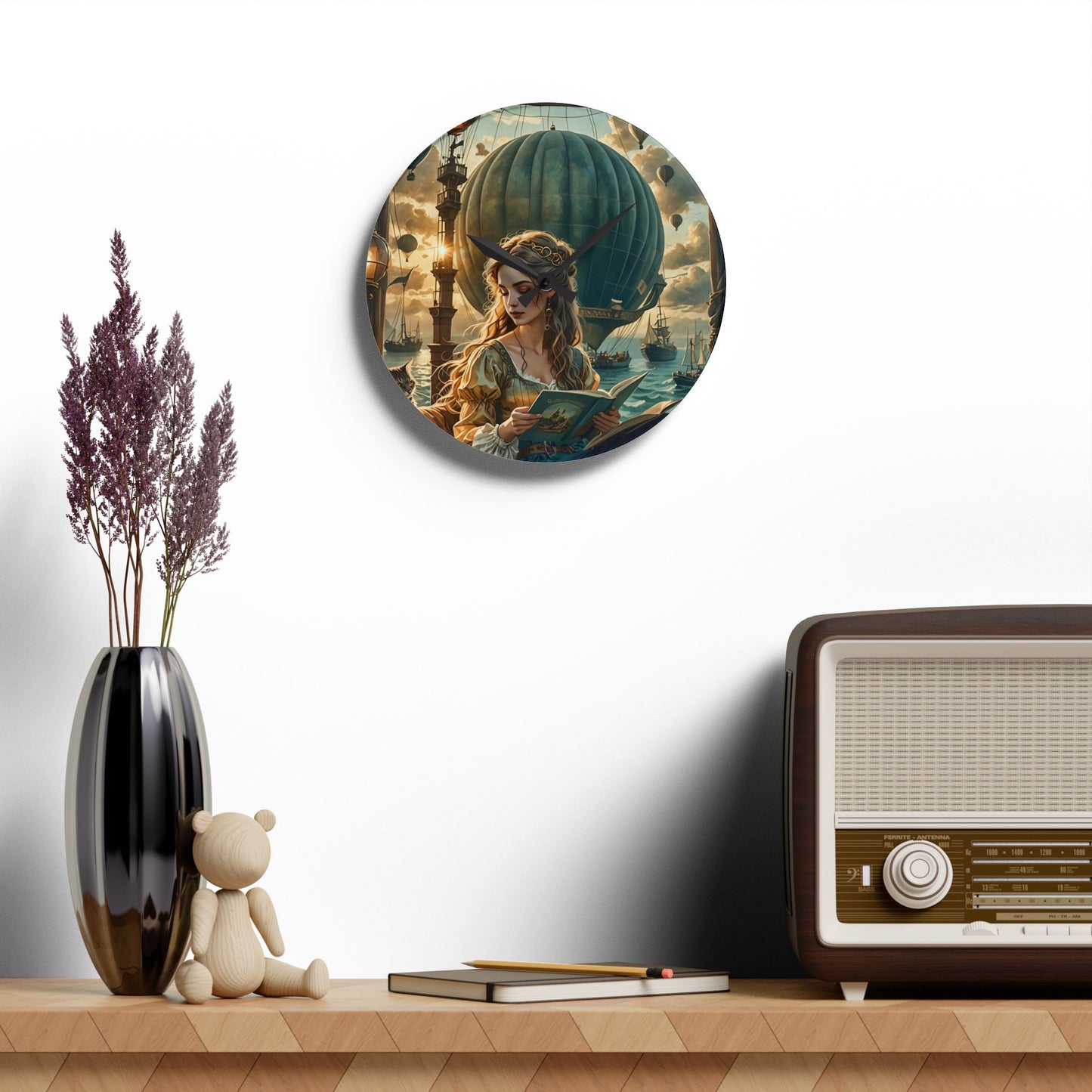 Hot Air Balloons and Girl reading a book to a cat  Acrylic Wall Clock