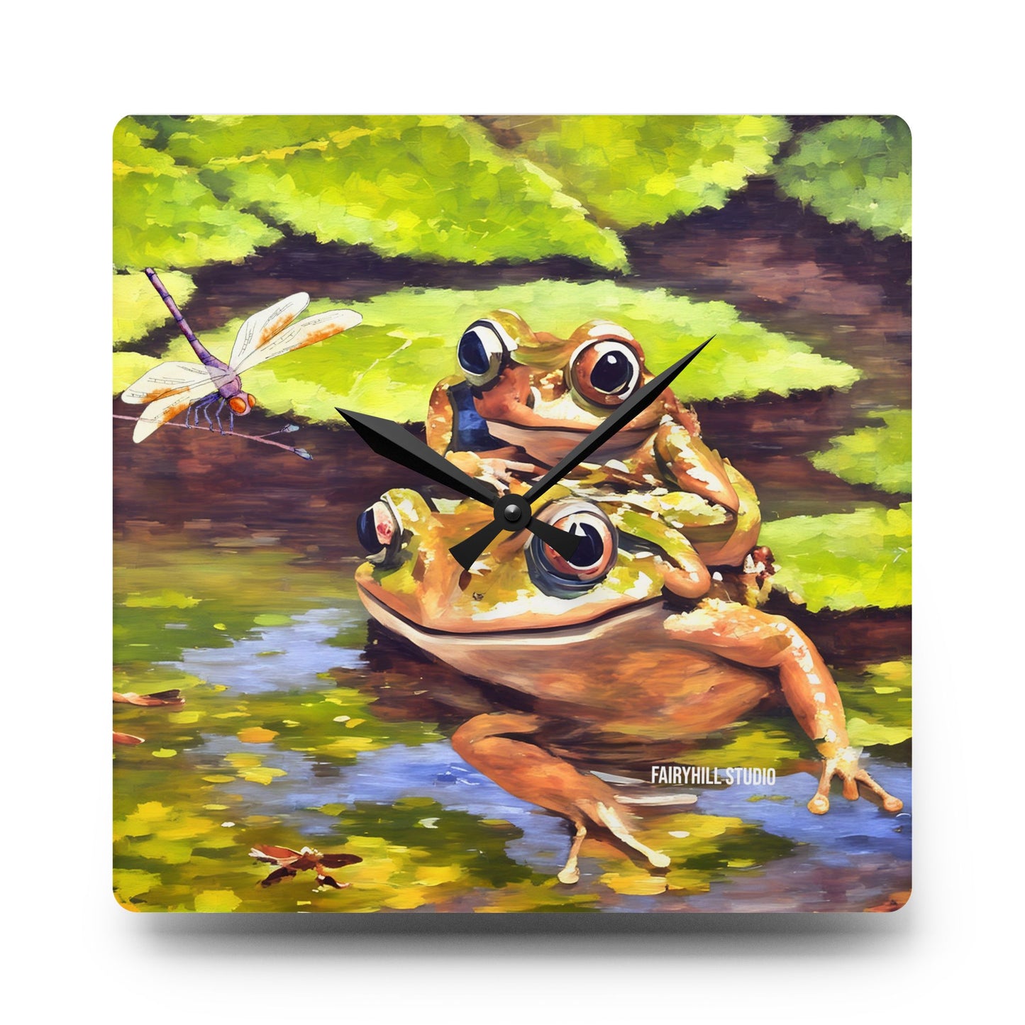 Wall Clock - Frogs and a Dragonfly in a Pond Acrylic Wall Clock