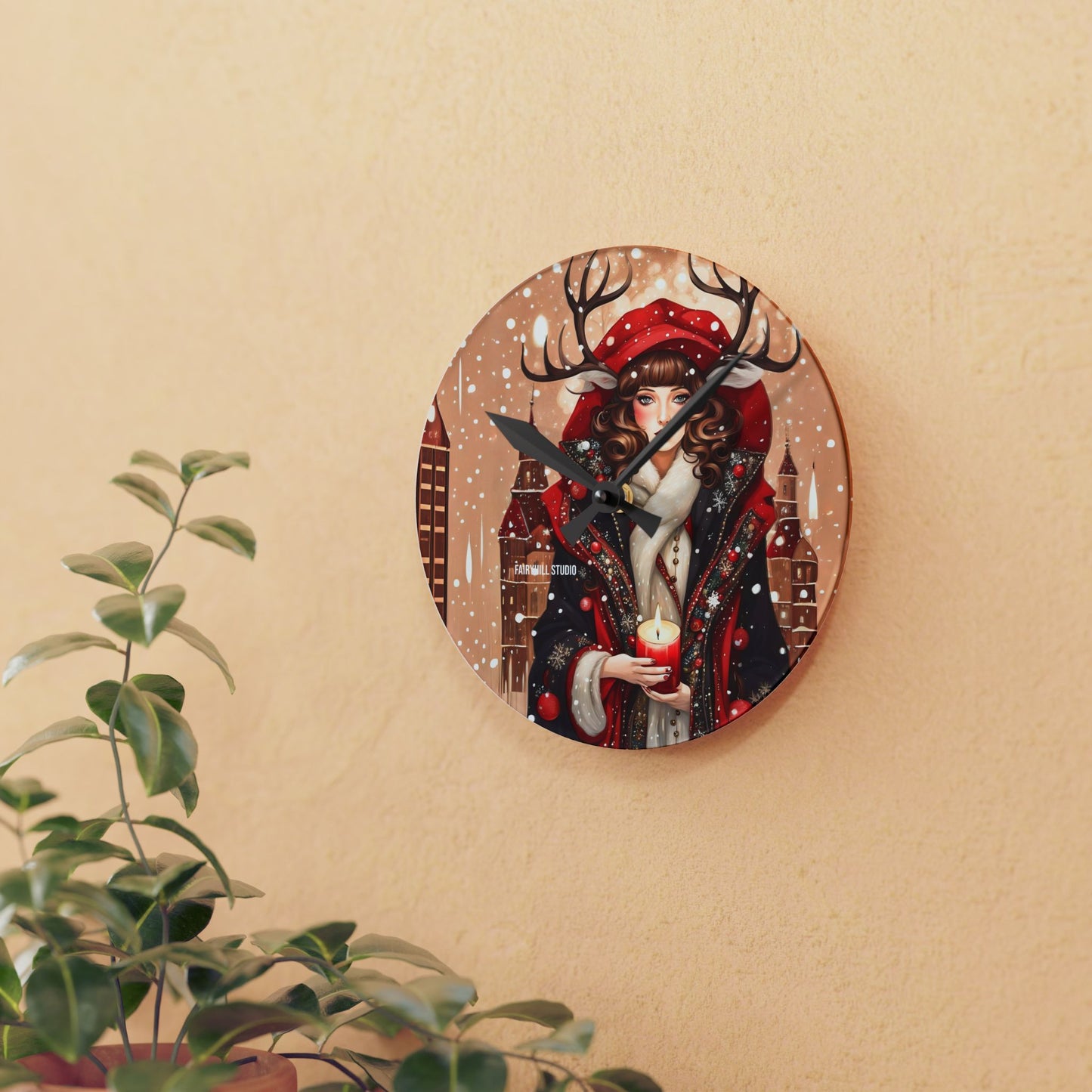 Acrylic Wall Clock -Winter Dear Girl with a Christmas Candle