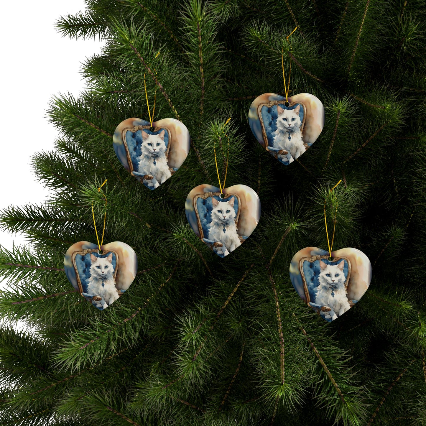Ceramic Ornaments - White Cat on Blue Chair - 2-Side Print - Holiday Decor