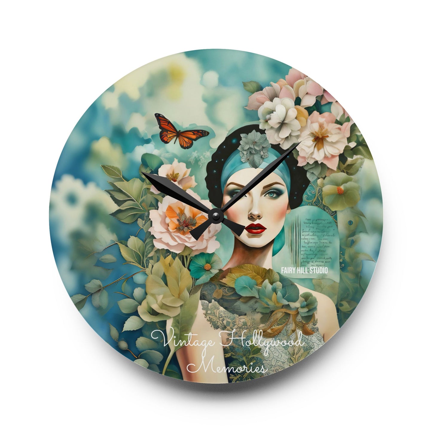 Acrylic Wall Clock - Vintage Hollywood Beauty Collage Art Style with Flowers