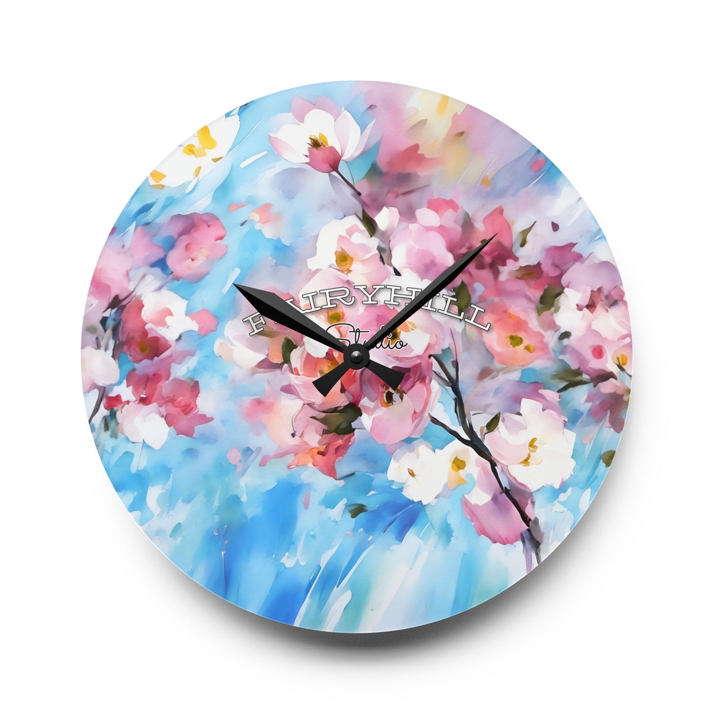 Wall Clock - Cherry Flowers Pink and White on Sky Blue Background by Fairyhill Studio