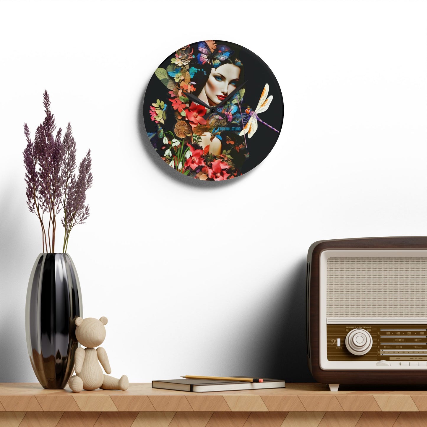 Acrylic Wall Clock -Lady in Nature with a Dragonfly /Art