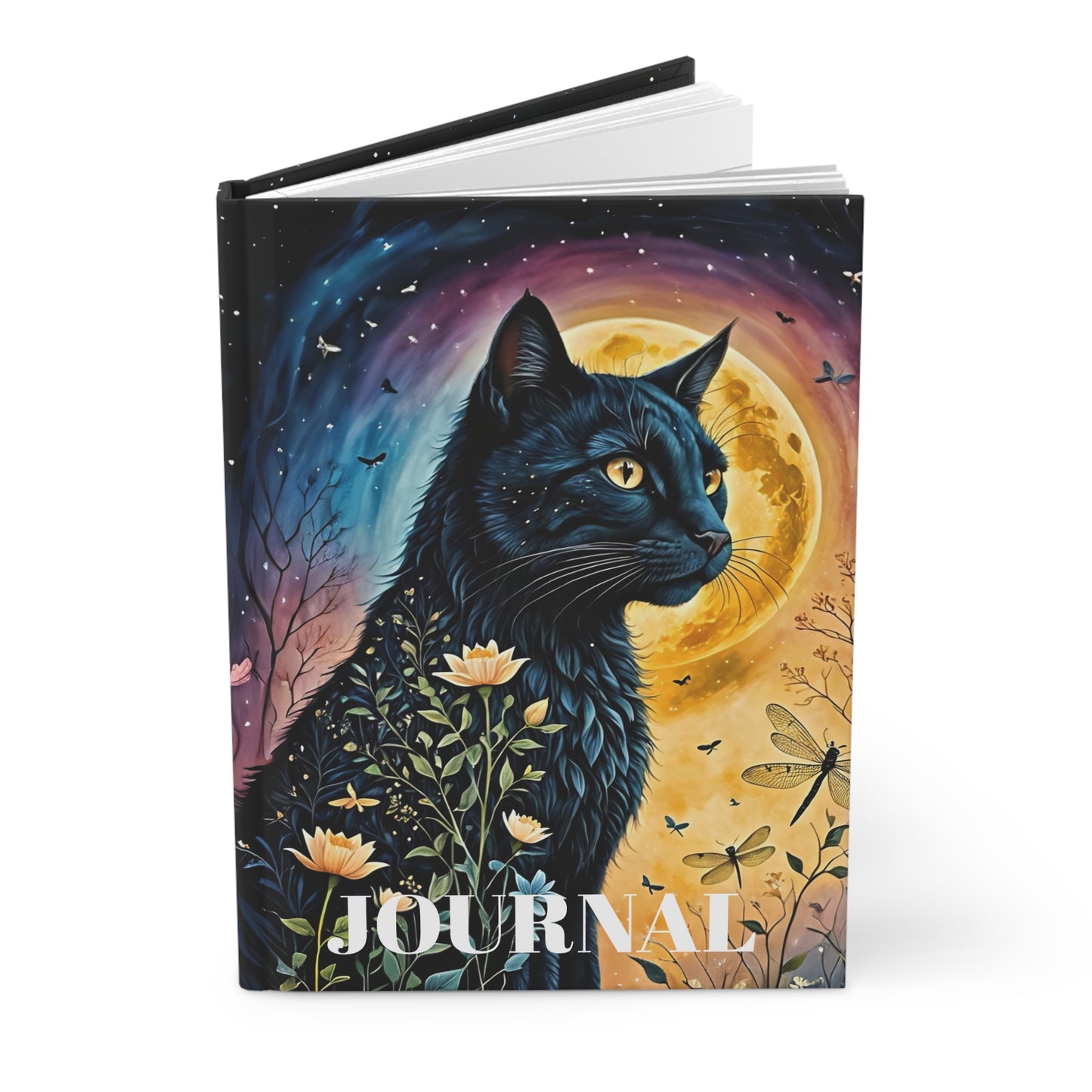 Hardcover Journal Matte - Black Cat Night Flowers Dragonflies Beautiful Art
