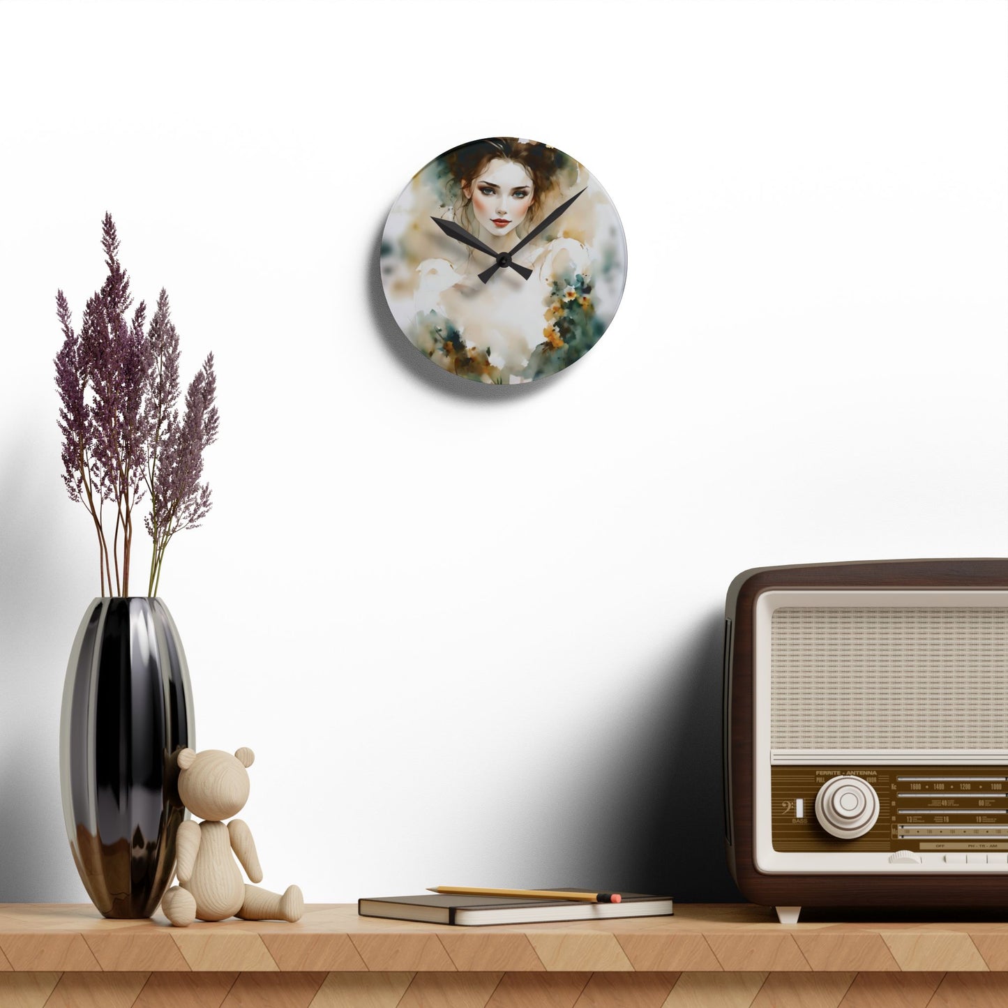 Acrylic Wall Clock Lady in Flowers Art
