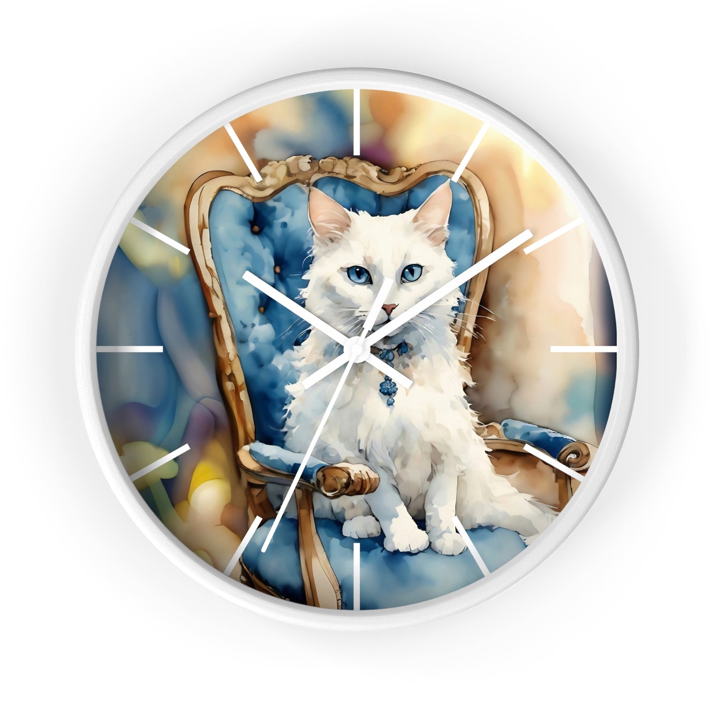 Wall Clock - White Cat with Blue Eyes Art by Fairy Hill Studio