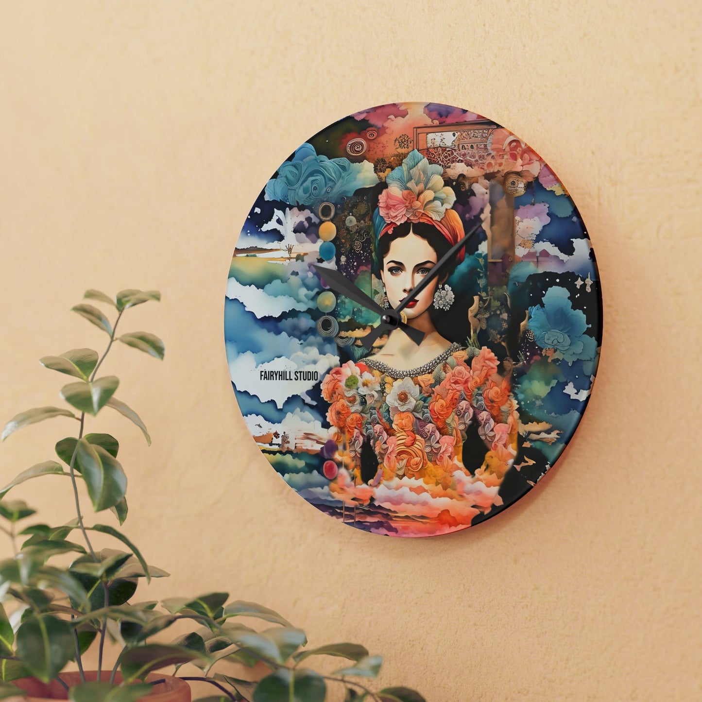 Wall Clock - Tropical Flower Girl Collage Art Acrylic Wall Clock