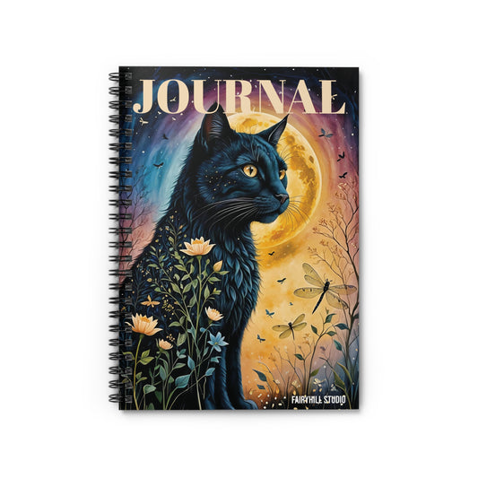 Spiral Notebook - Black Cat at Night and Dragonflies
