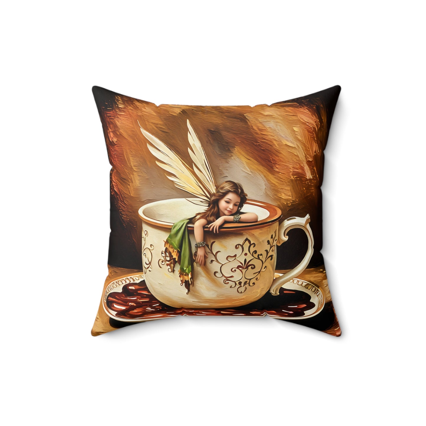 Square Pillow - Coffee Cup Fairy Spun Polyester Pillow for Coffee and Hot Chocolate Lovers