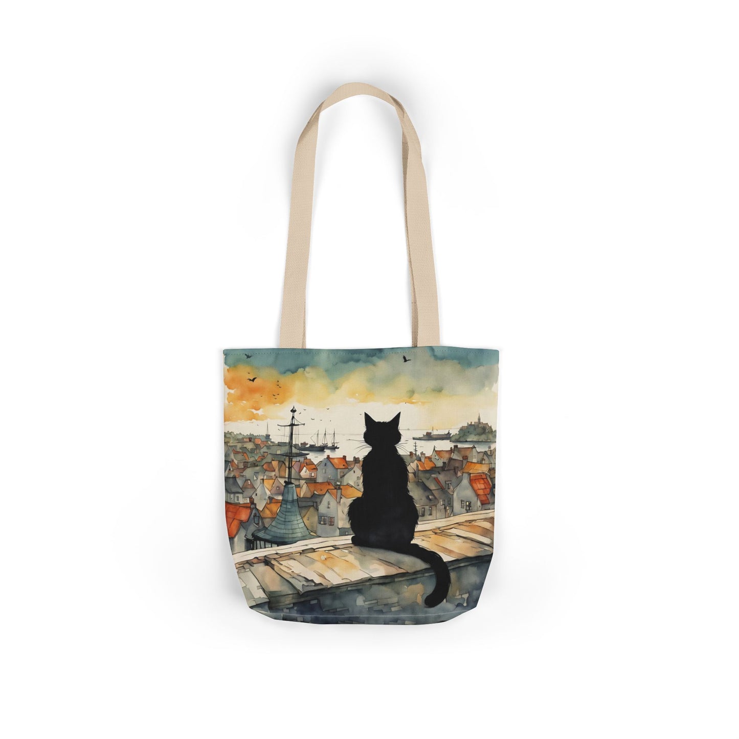 Black cat on a roof top  FairyHill Studio Red phone- Canvas Tote Bag - Perfect for Beach Days, Eco-Friendly Shopping, and Summer Fun!