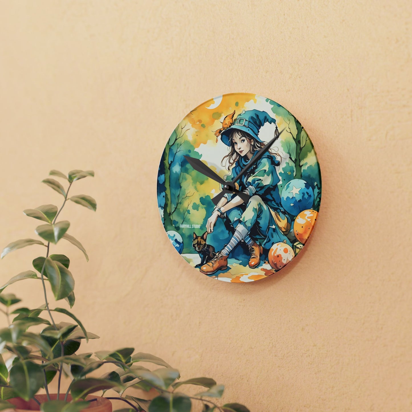 Acrylic Wall Clock -Girl with cat Art