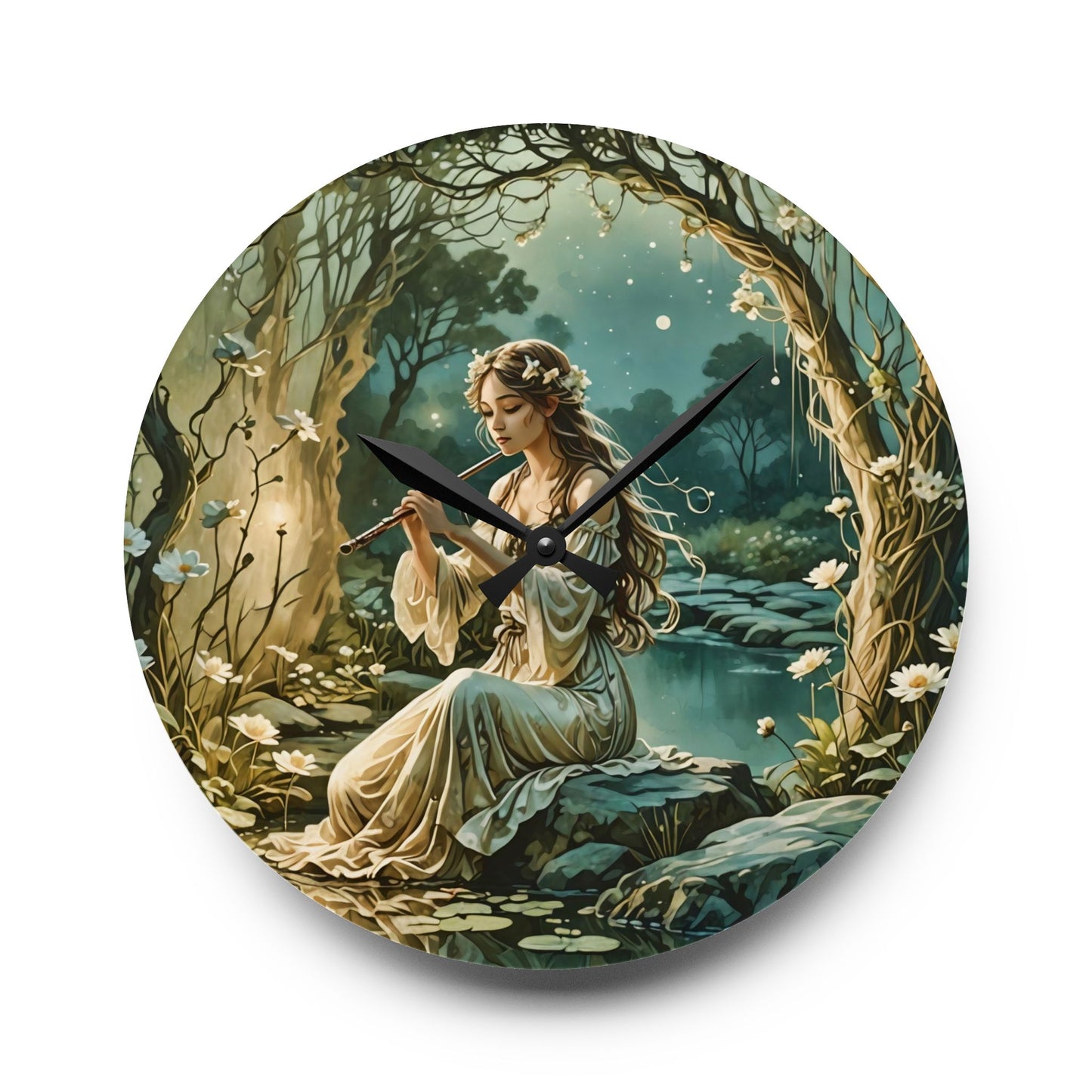 Wall Clock - Enchanting Fairy Nymph Playing Flute by a River Design by Fairyhill Studio