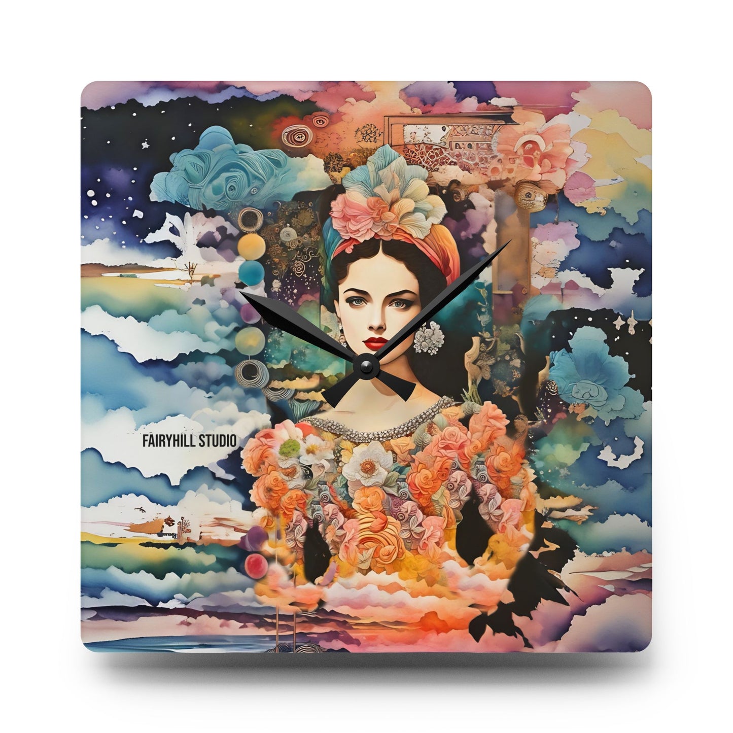 Wall Clock - Tropical Flower Girl Collage Art Acrylic Wall Clock