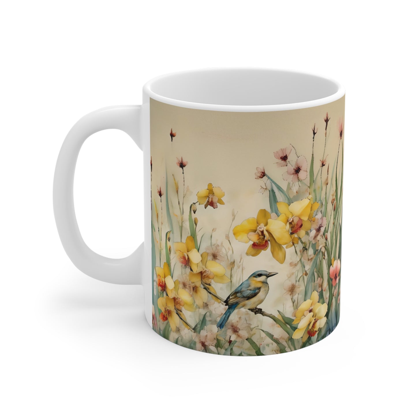 Mug 11oz Blue Bird in Yellow Flowers Art