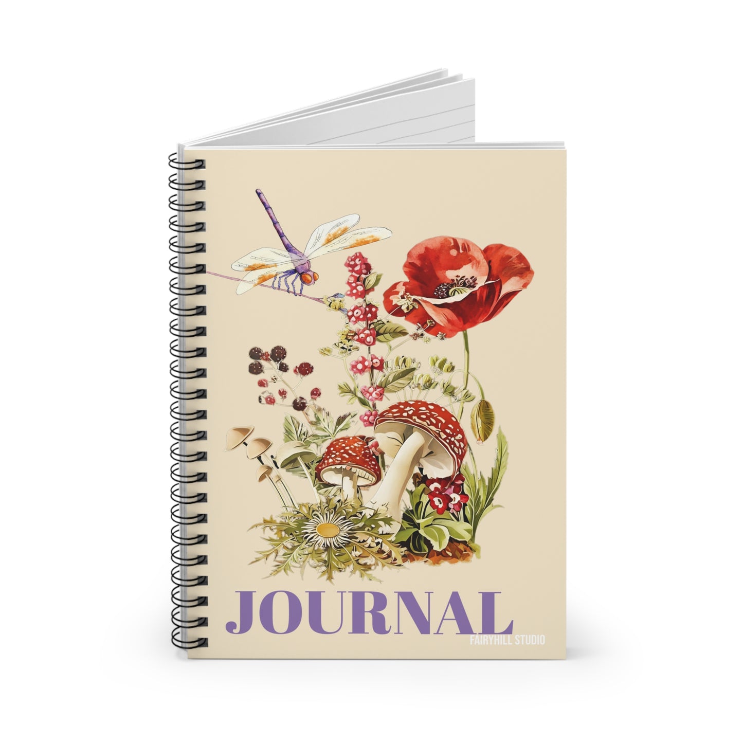 Spiral Notebook -Poppies mushrooms ,wild flowers and a Dragonfly