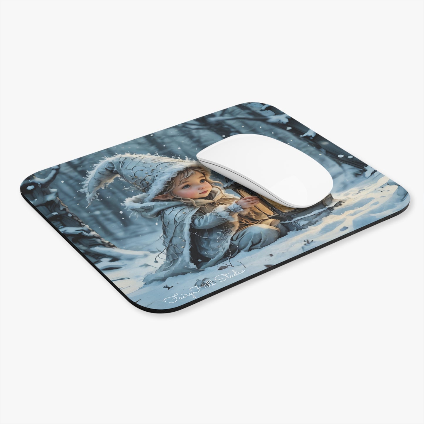 Mouse Pad - Cute Elf with Lantern in Winter Snow FairyHill Studio Art