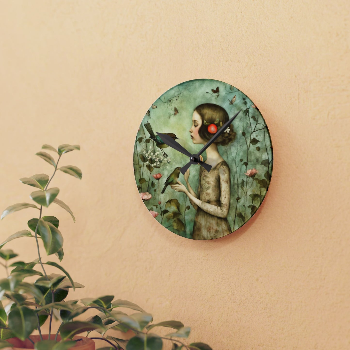 Acrylic Wall Clock - Meditative Girl with Song Birds Artwork