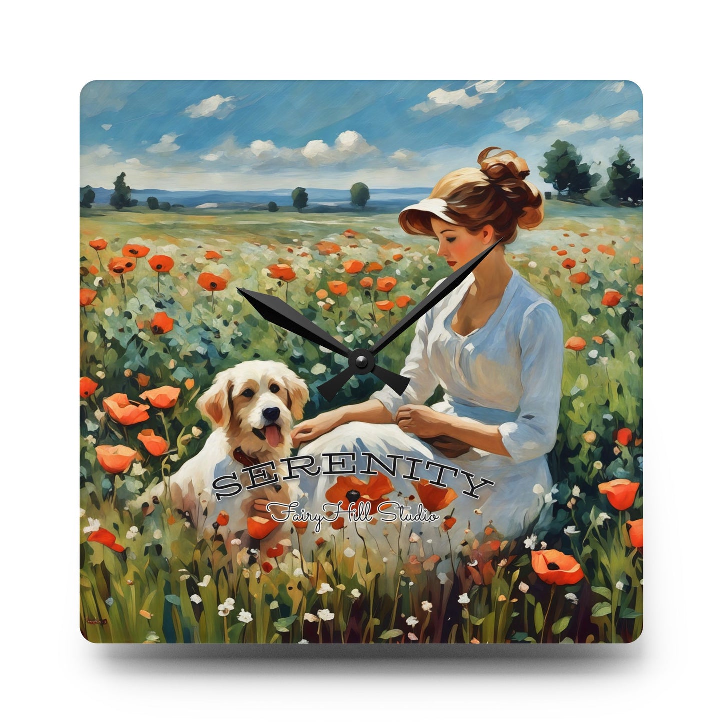 Acrylic Wall Clock Elegant Woman with Dog Sitting in Poppy Field