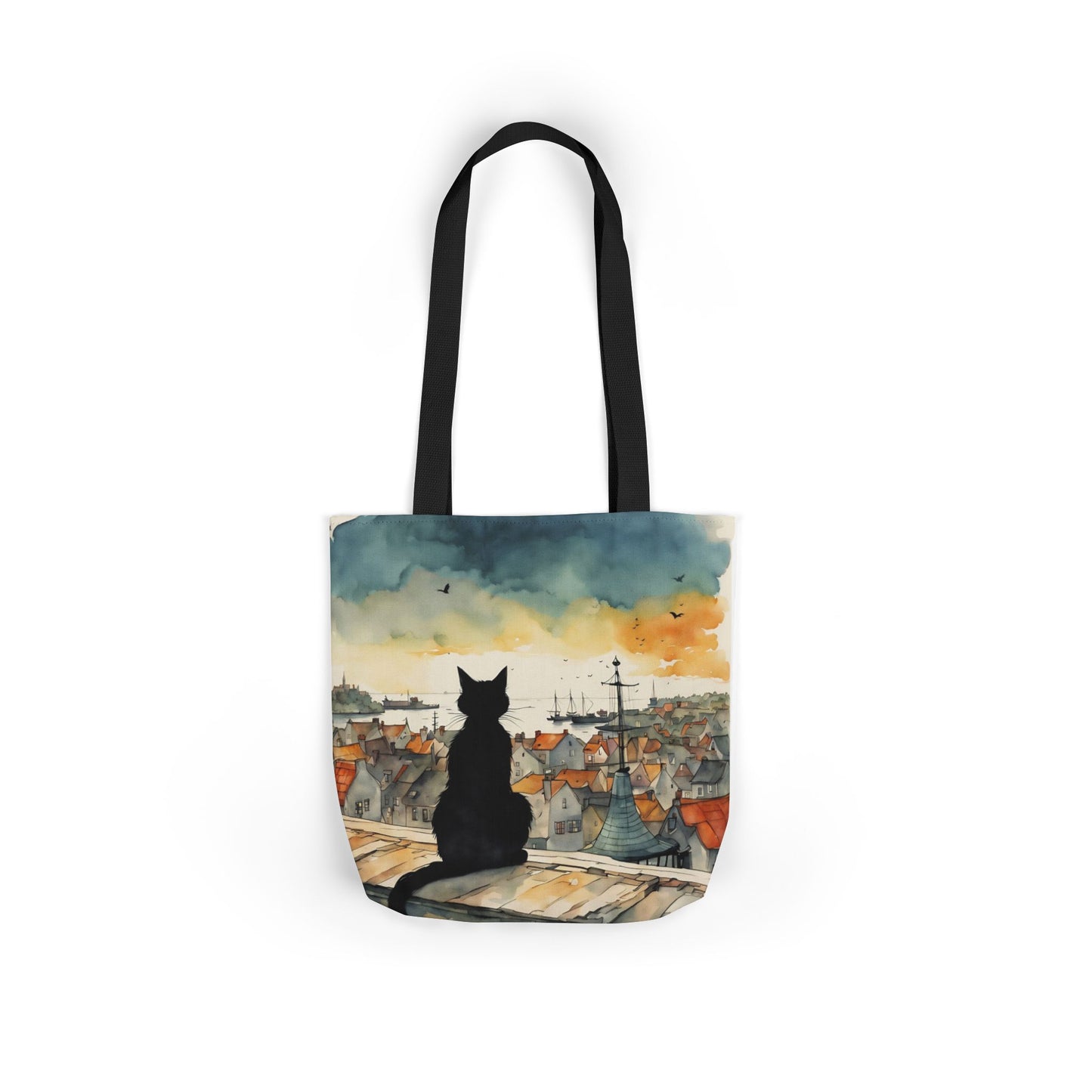 Black cat on a roof top  FairyHill Studio Red phone- Canvas Tote Bag - Perfect for Beach Days, Eco-Friendly Shopping, and Summer Fun!