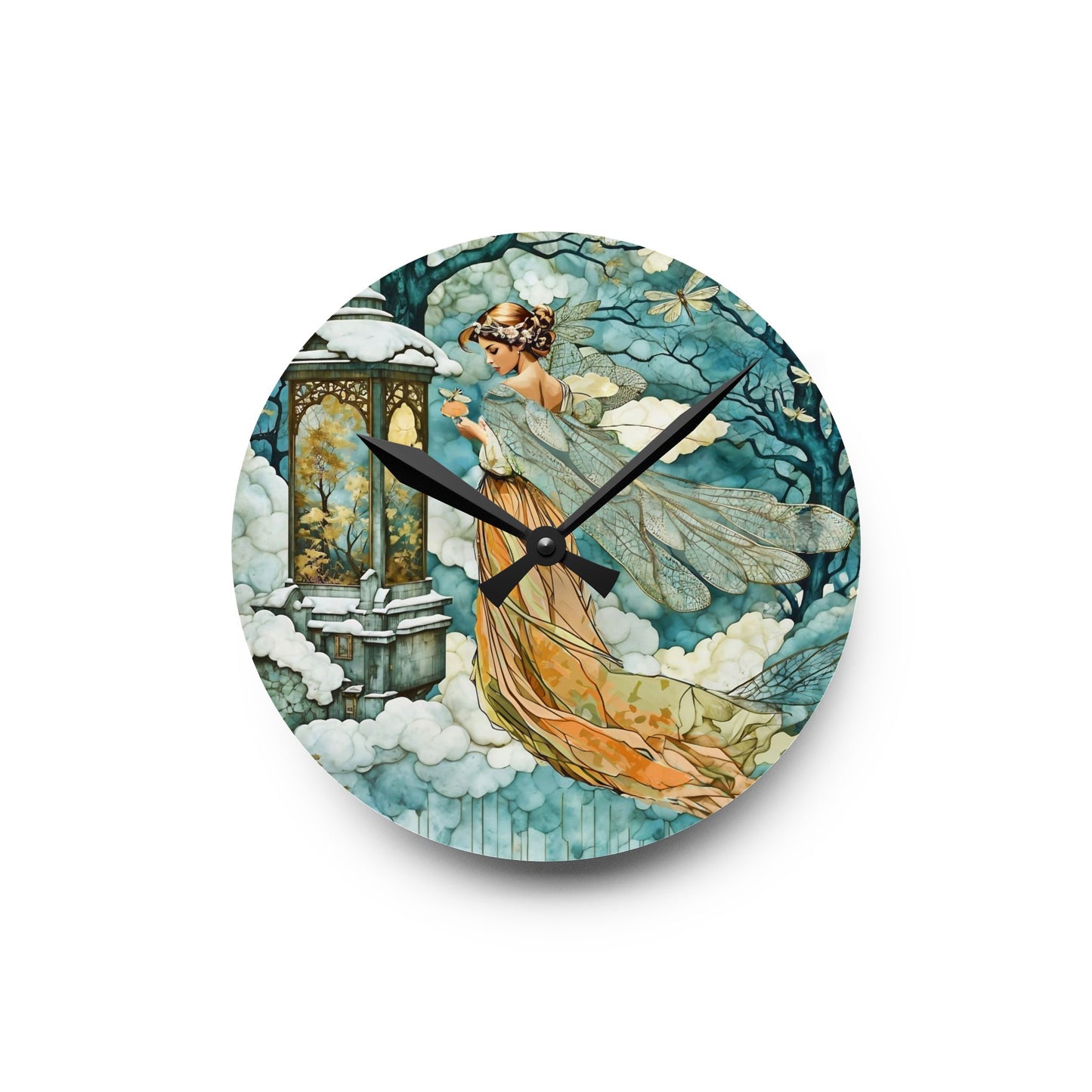 Wall Clock Winter Snow Fairy Angel Lantern Art