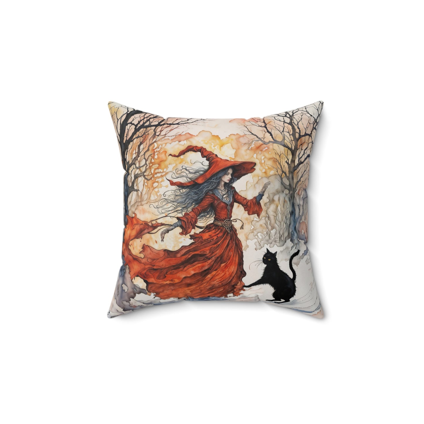 Crimson witch with black cat pillow  Square Pillow - by Fairyhill Studio