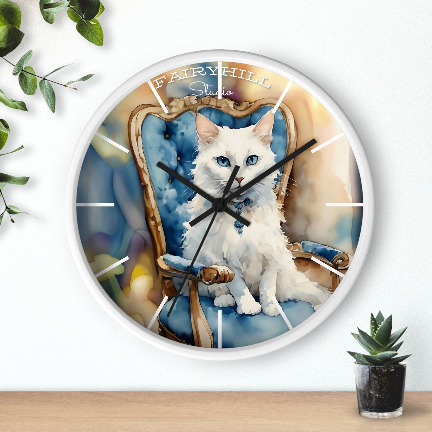 Fairy Hill Studio" White cat "  Wall Clock