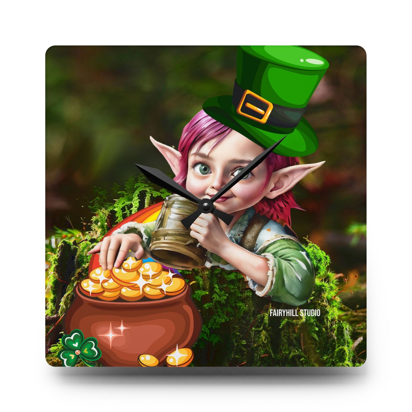 Acrylic Wall Clock Irish Elf with pot of gold/Art