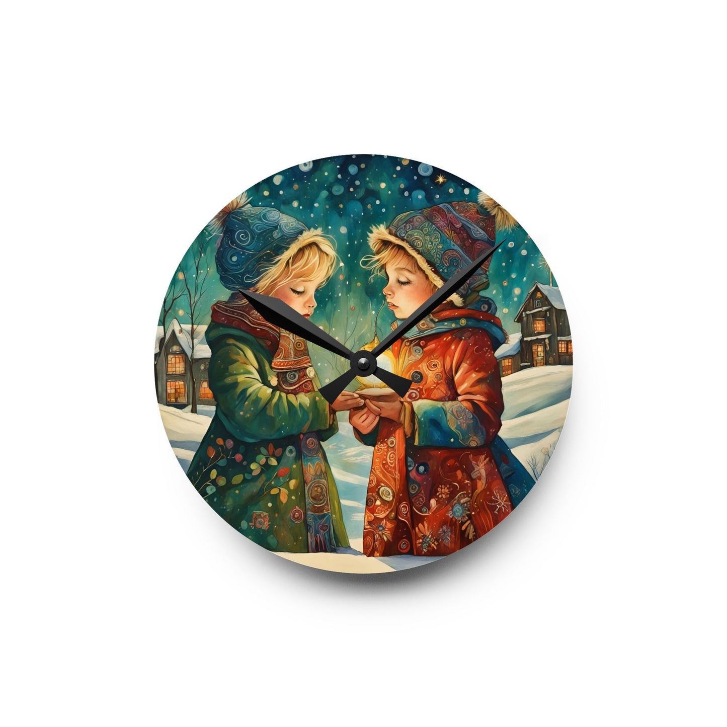 Christmas Acrylic Wall Clock - Art with 2 Children in Snow by Fairyhill Studio