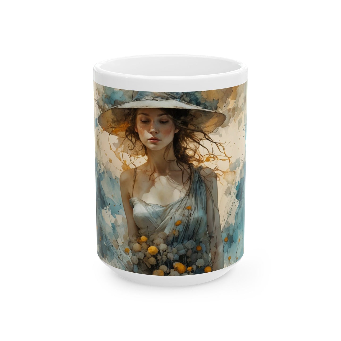 Summer Vibes Ceramic Mug (11oz, 15oz) with Lovely Girl Art by Fairyhill Studio