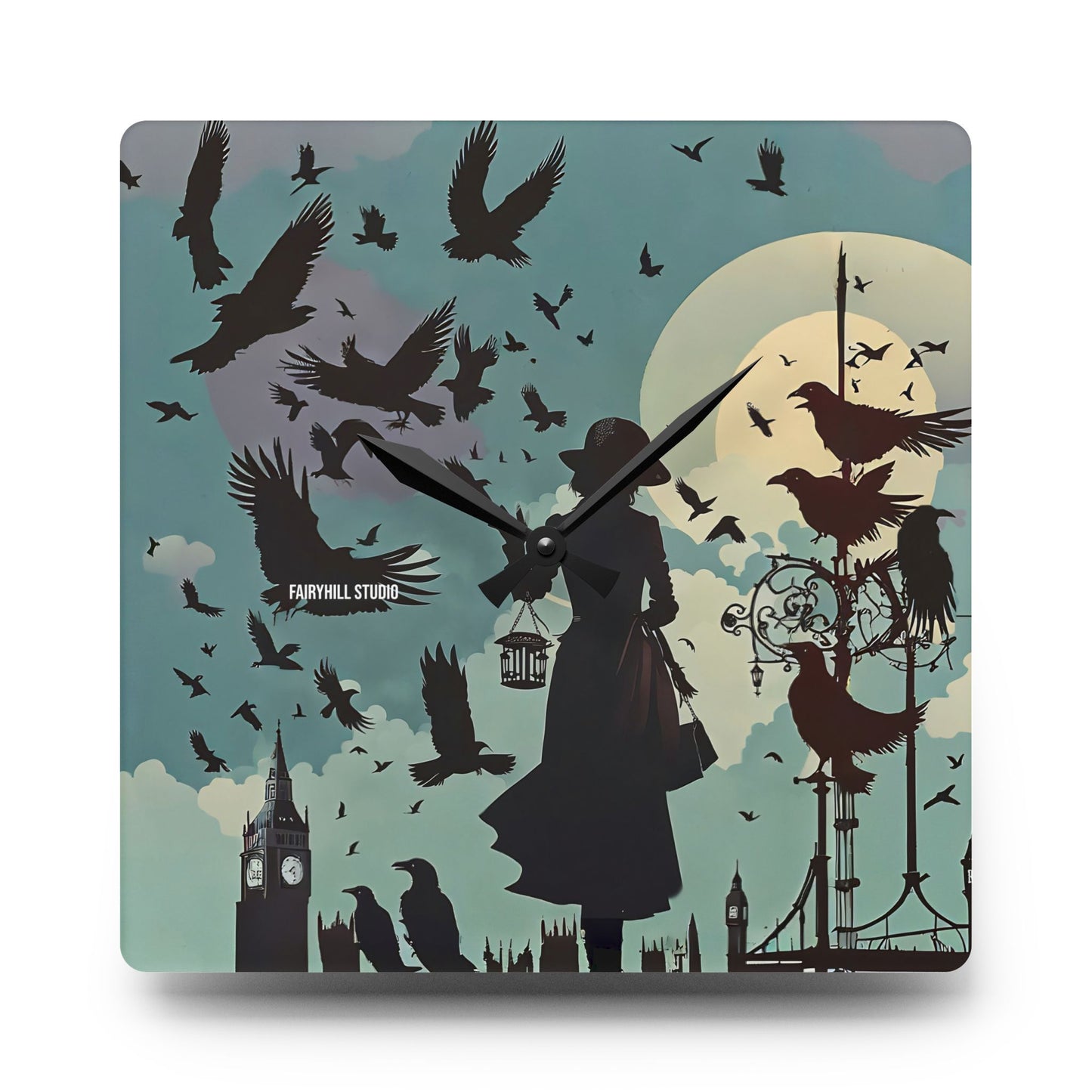 Wall Clock - Lady with Crows in London Alfred Hitchcock Movie The Birds Inspired Design