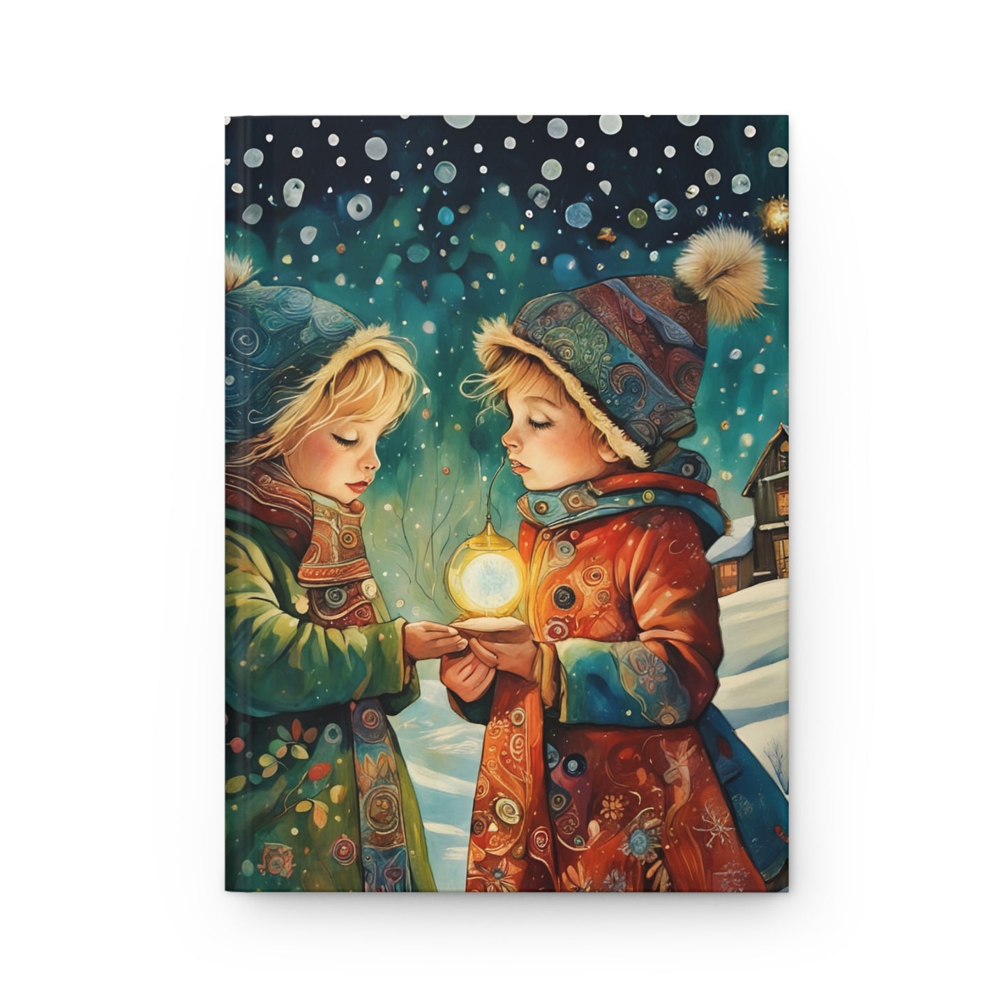 Hardcover Journal Matte - Christmas Gift Art featuring 2 Children in Snow by Fairyhill Studio