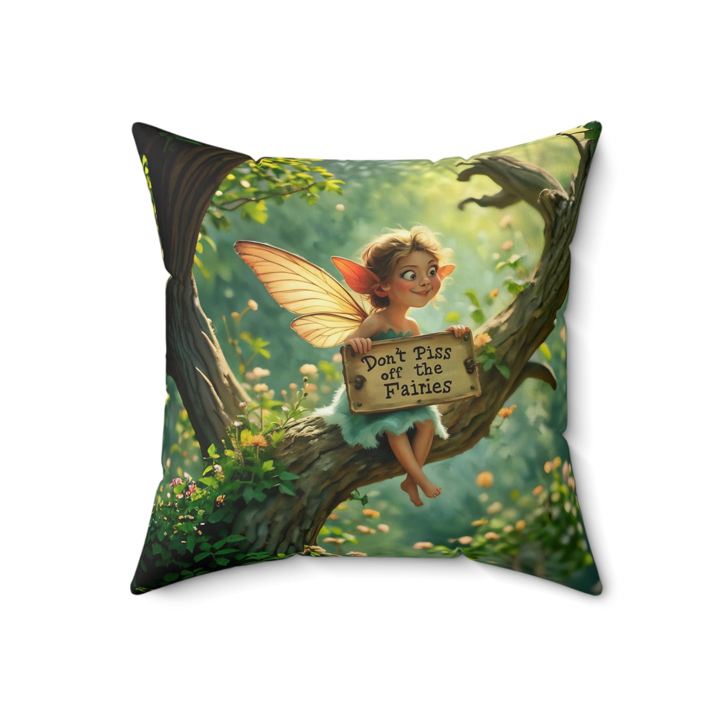 Square Pillow - "Don't Piss Off the Fairies" quote Fairy Art by Fairyhill Studio