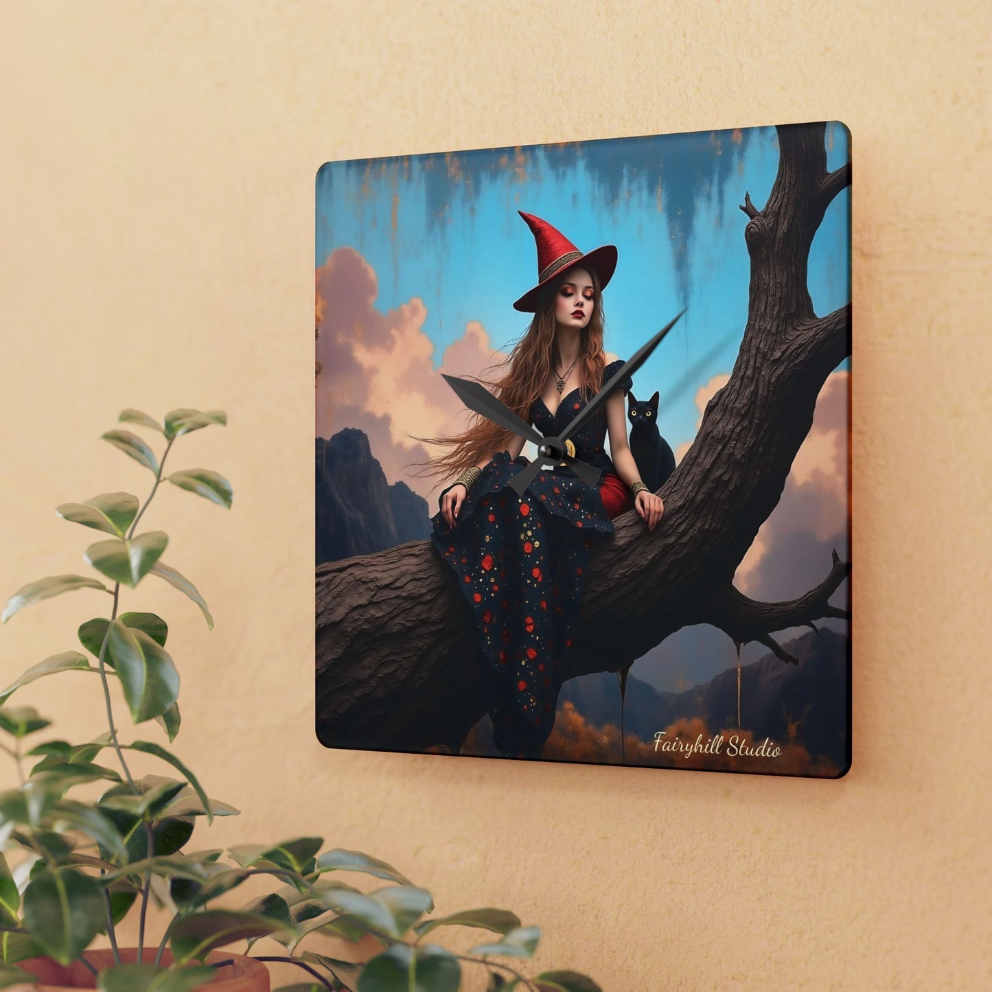 Elegant witch with black cat Wall clock  Gift   Acrylic Wall Clock