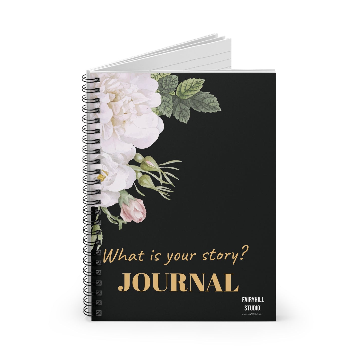 Ruled Line Spiral Notebook - Personalized White Roses on Black Background