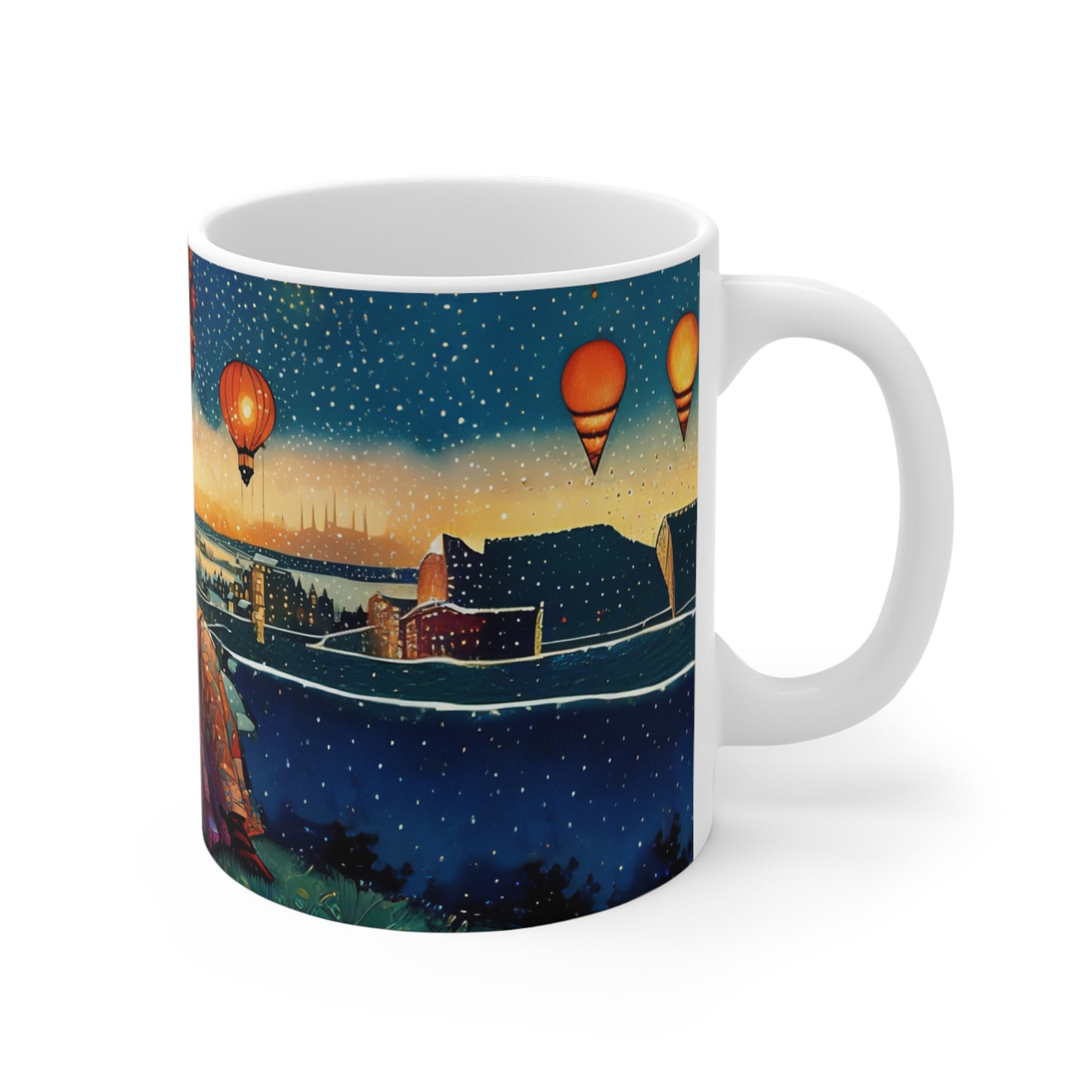 Mug - Girl Watching City Lights Snowing Night with Hot Air Balloons