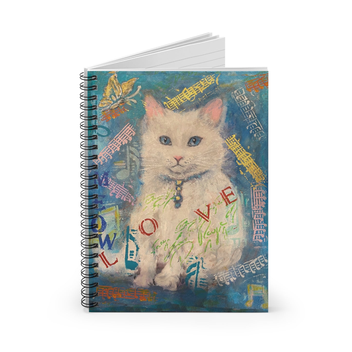 Ruled Line Spiral Notebook - White Cat with Blue Eyes