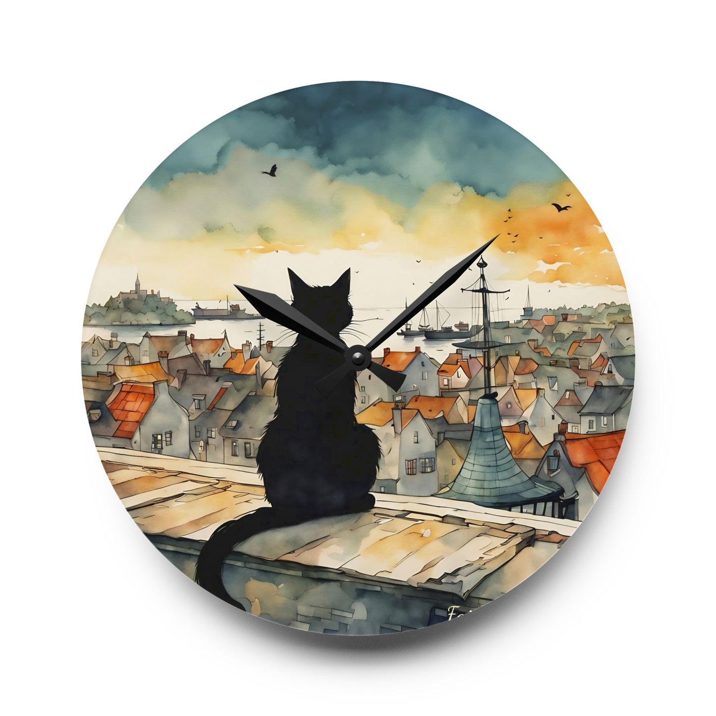 Black Cat on a roof top - by Fairyhill Studio  Wall clock  Gift   Acrylic Wall Clock