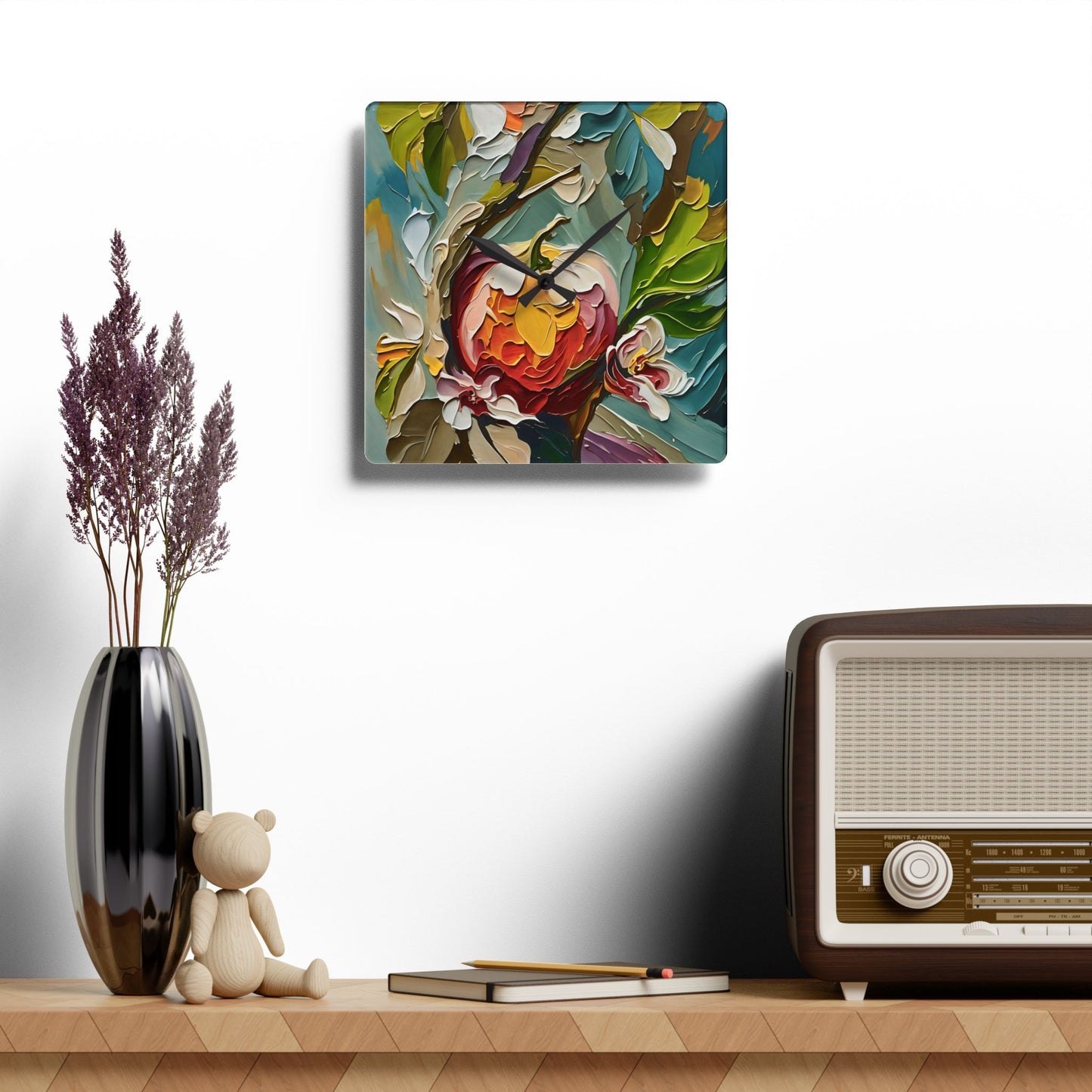 Wall Clock - Apple and Apple Flowers Impasto Art by Fairyhill Studio