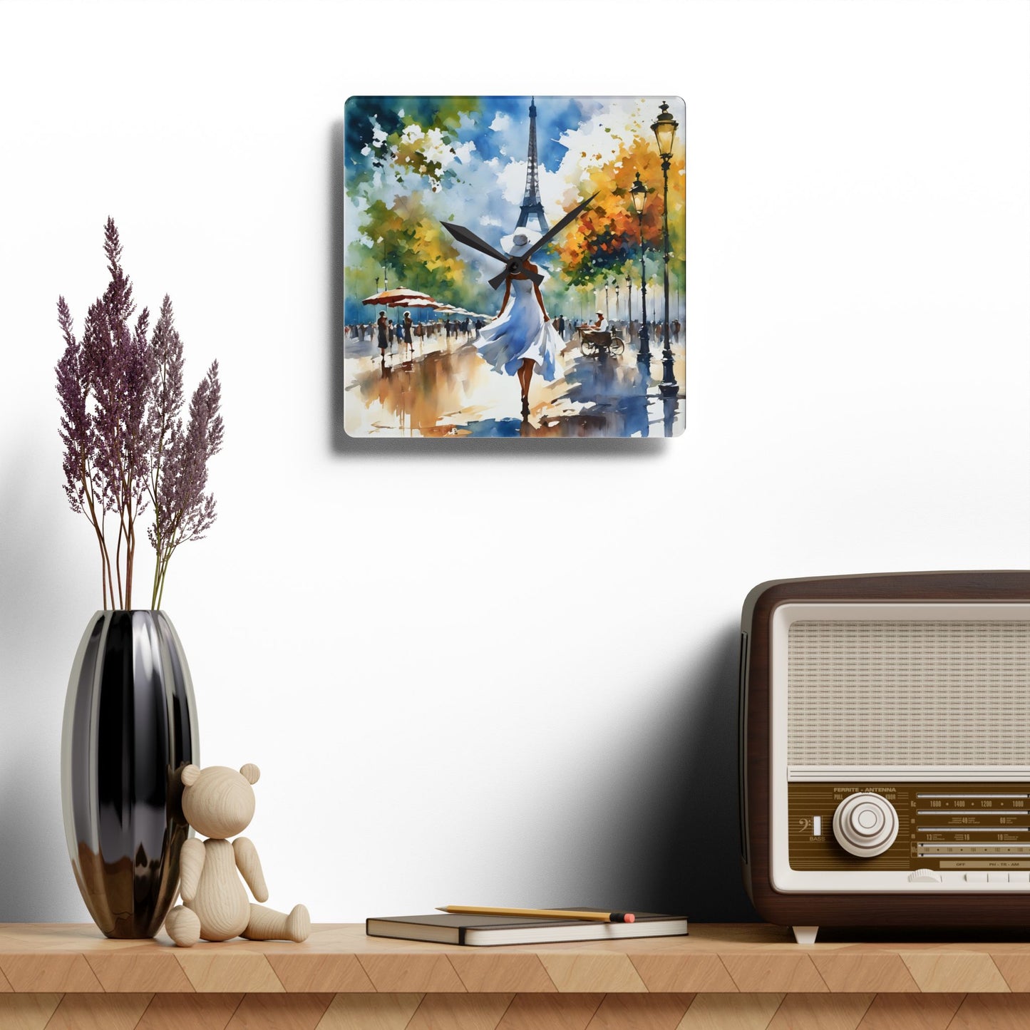 Acrylic Wall Clock - Woman in White in Paris Art Fairyhill