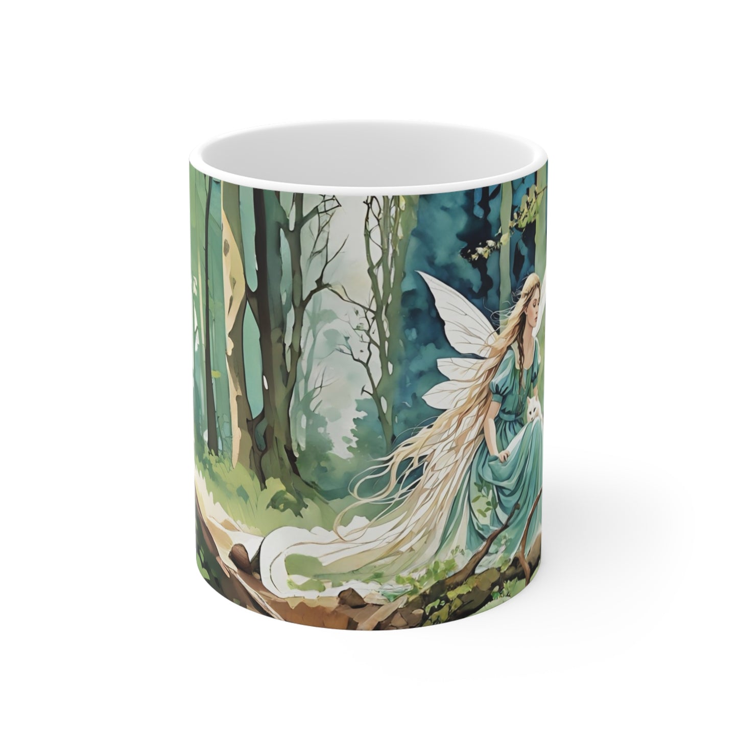 Mug: Angel Fairy and Cat Magical Forest Art by Fairyhill Studio