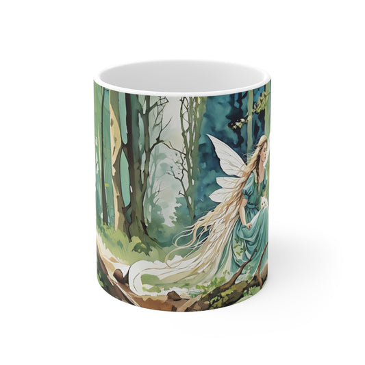 Mug: Angel Fairy and Cat Magical Forest Art by Fairyhill Studio