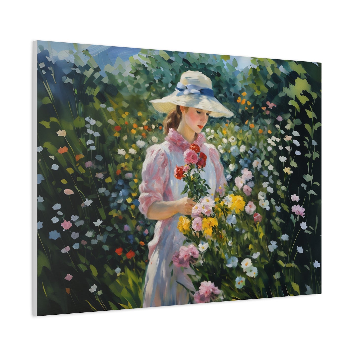 Canvas Art - Monet Style Floral Serenity with Elegant Woman and Flower Basket, Stretched Matte 1 25"