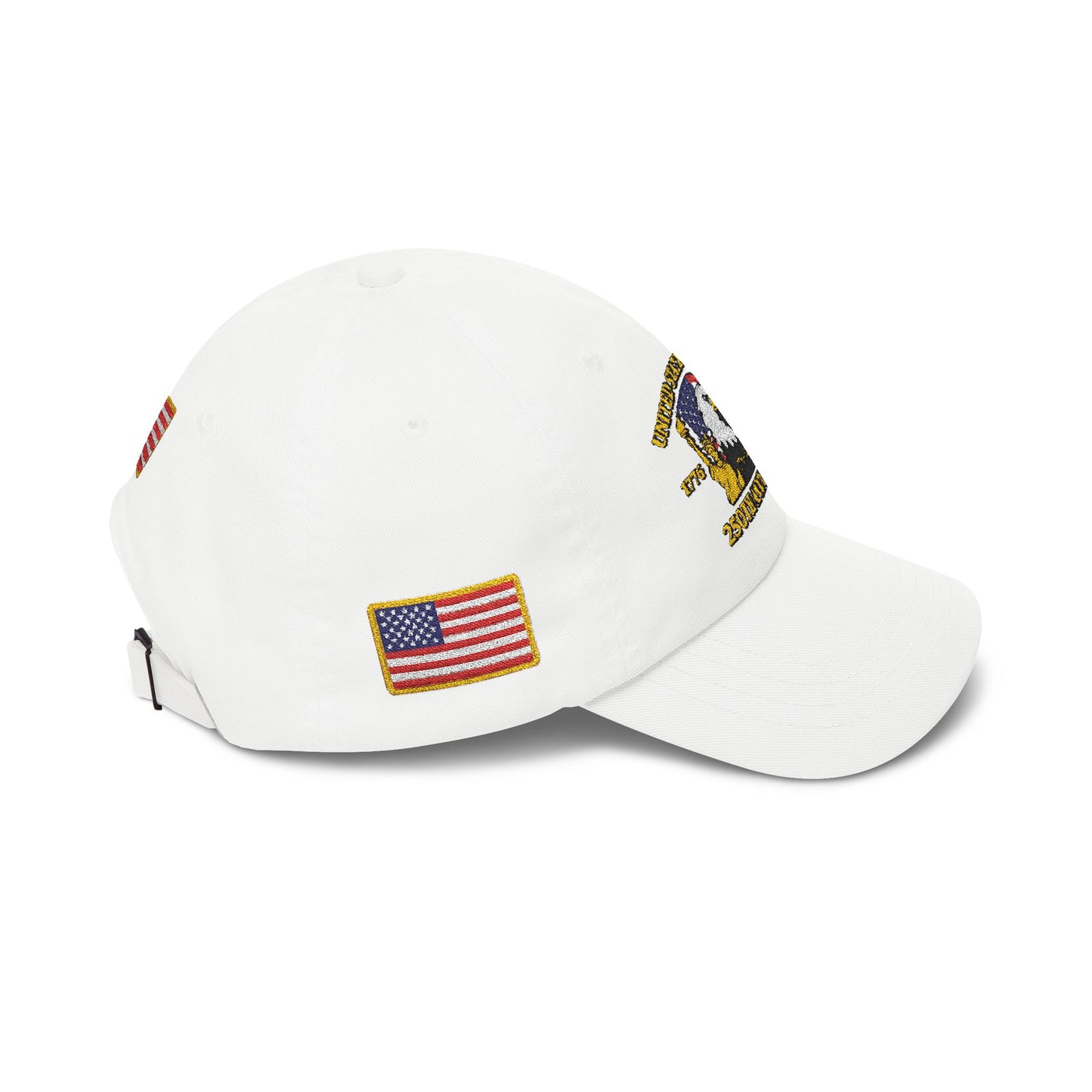 250th Anniversary USA Flag Patch Hat – Embroidered Gold Border Edition (1776–2026) – Classic White Baseball Hat