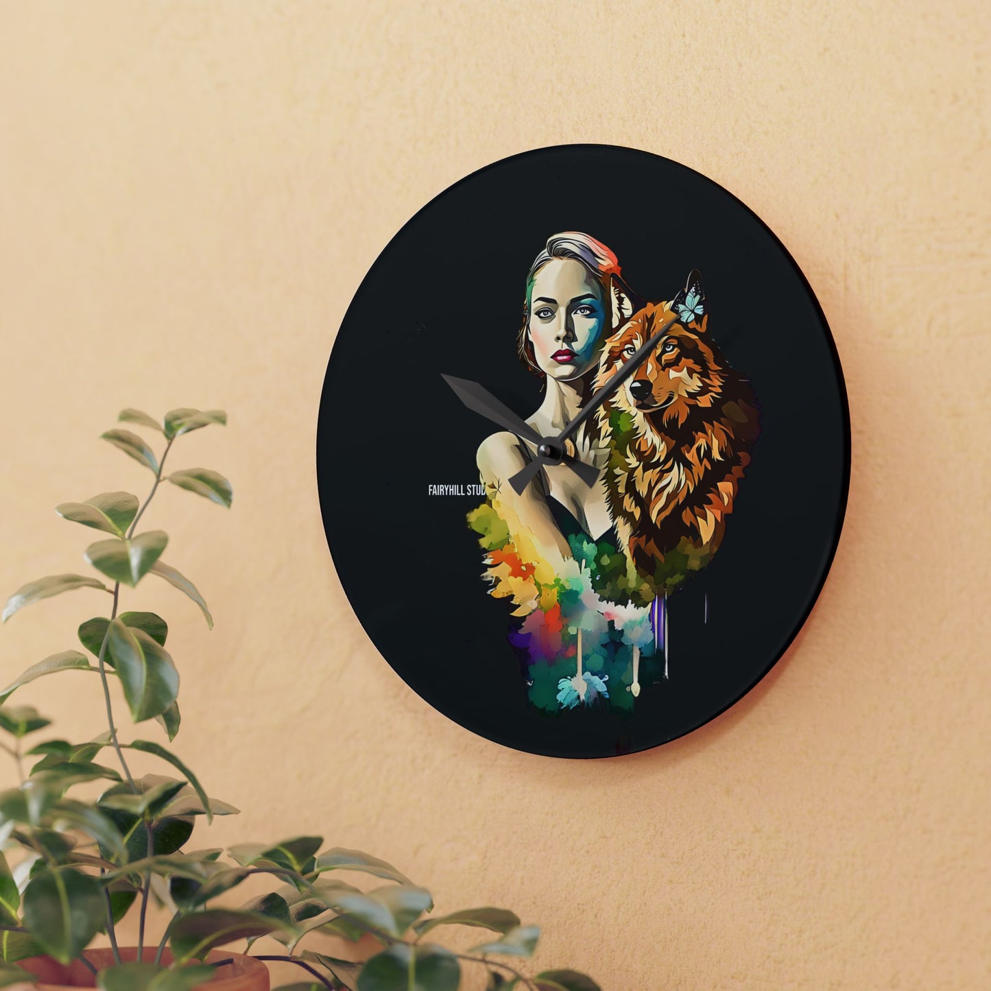 Acrylic Wall Clock -Girl with Spirit Animal Wolf/Art