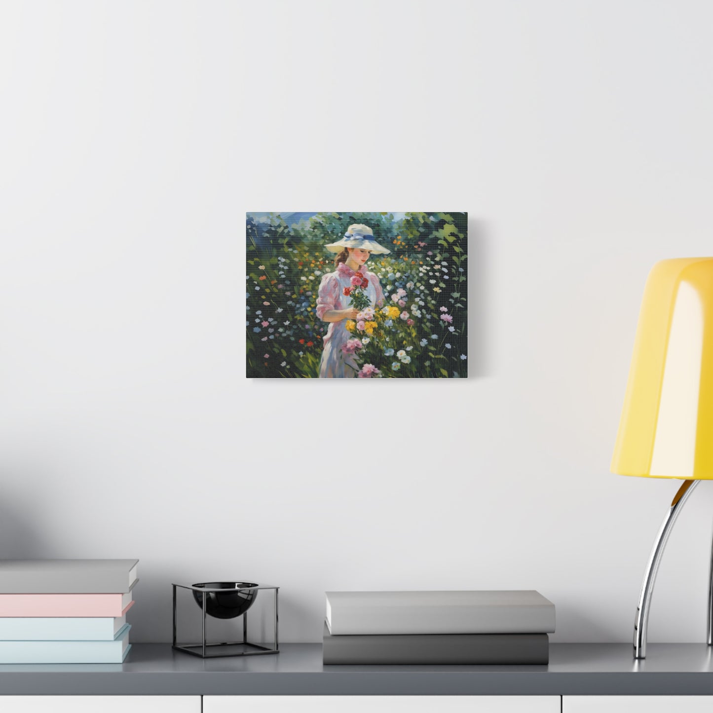 Canvas Art - Monet Style Floral Serenity with Elegant Woman and Flower Basket, Stretched Matte 1 25"