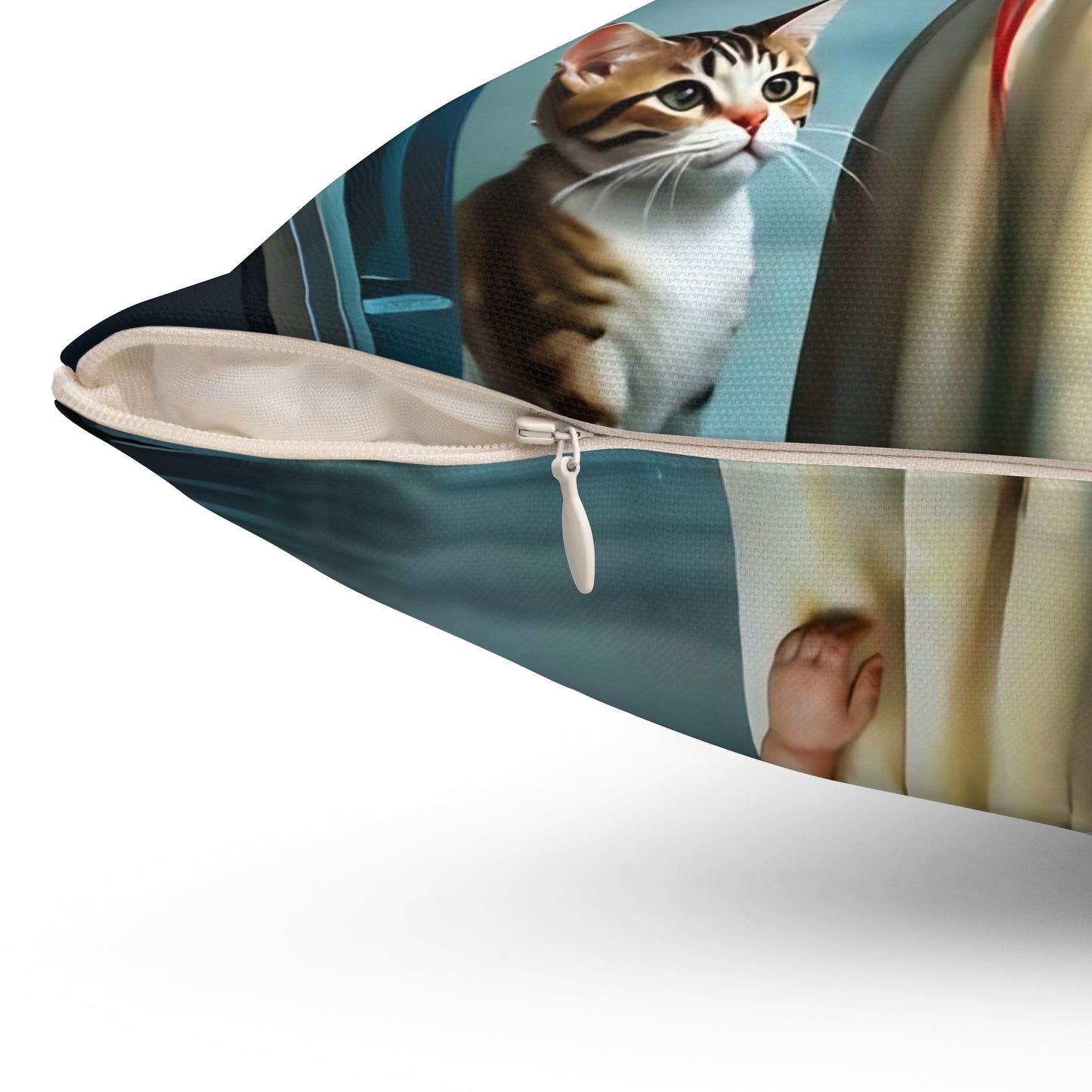 Square Pillow - Cute Girl with Red Love Balloon and Cat Art by Fairyhill Studio